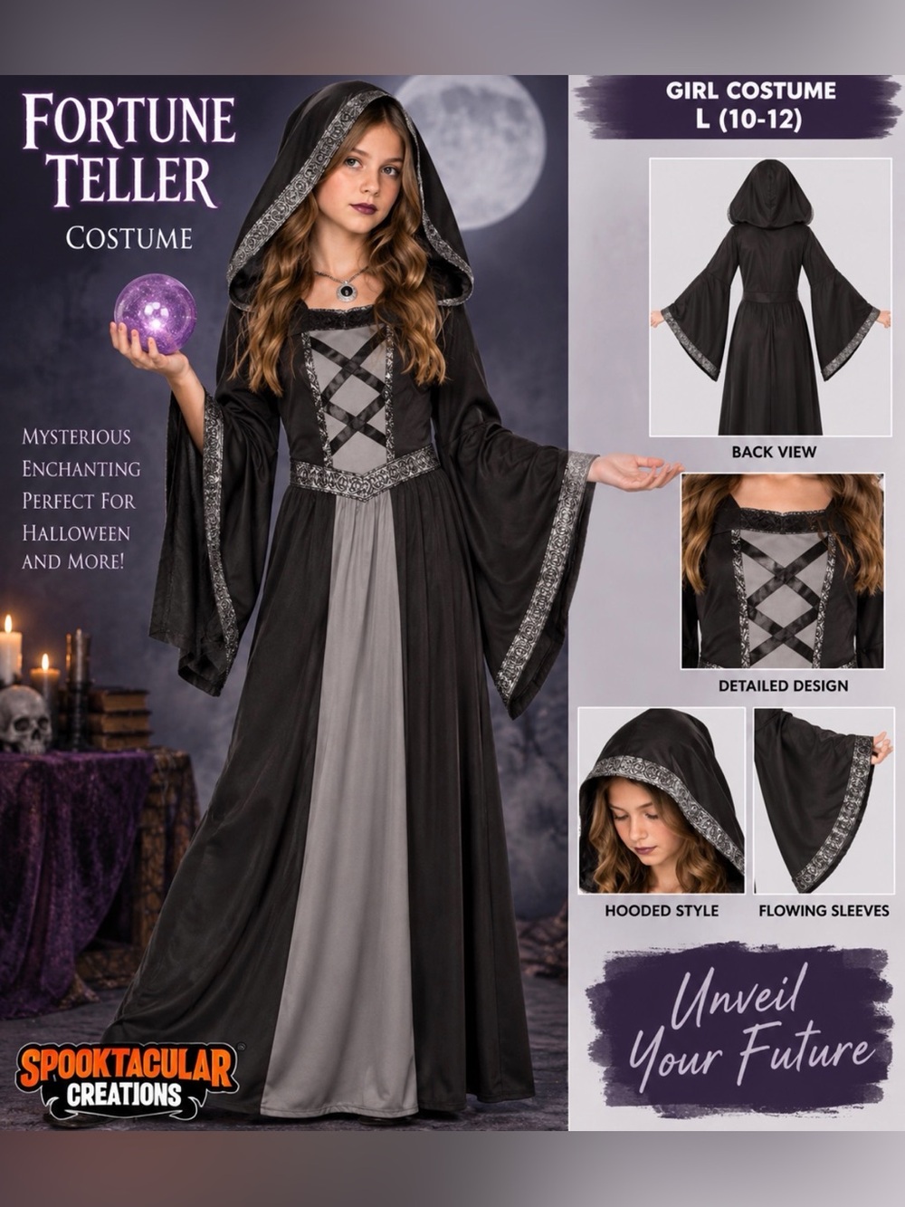 Girls Fortune Teller Halloween Costume Hooded Dress Size Large 10-12